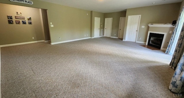 1057 Barrow Hills Dr, Moneta, VA 24104 - unfurnished living room featuring a fireplace with flush hearth, carpet, and baseboards