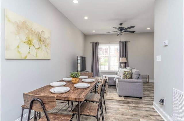 3008 Hill St Unit 313, Lynchburg, VA 24501 - dining room with baseboards, wood finished floors, a ceiling fan, and recessed lighting