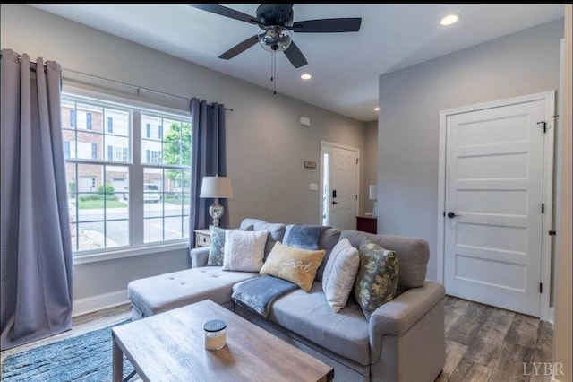 3008 Hill St Unit 313, Lynchburg, VA 24501 - living area with wood finished floors, a ceiling fan, recessed lighting, and baseboards
