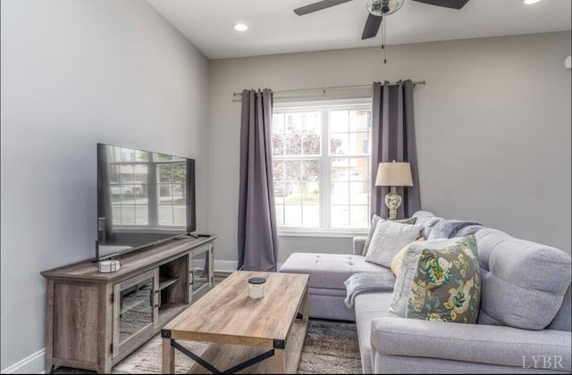 3008 Hill St Unit 313, Lynchburg, VA 24501 - living room featuring baseboards, ceiling fan, healthy amount of natural light, and recessed lighting