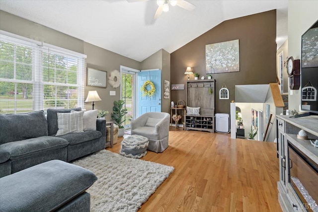 2098 Sunburst Rd, Evington, VA 24550 - living room featuring wood finished floors, a ceiling fan, and vaulted ceiling
