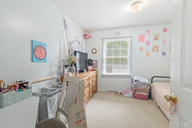2098 Sunburst Rd, Evington, VA 24550 - bedroom with light colored carpet, a textured ceiling, and baseboards