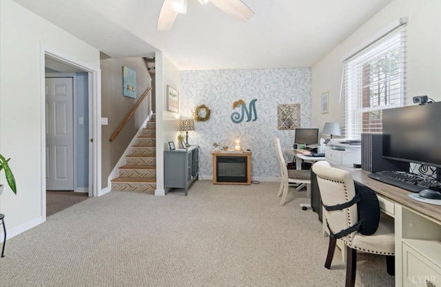 2098 Sunburst Rd, Evington, VA 24550 - office featuring wallpapered walls, carpet, baseboards, and a ceiling fan