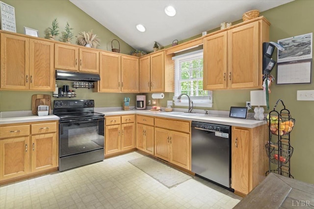 2098 Sunburst Rd, Evington, VA 24550 - kitchen featuring black appliances, under cabinet range hood, vaulted ceiling, a sink, and light countertops
