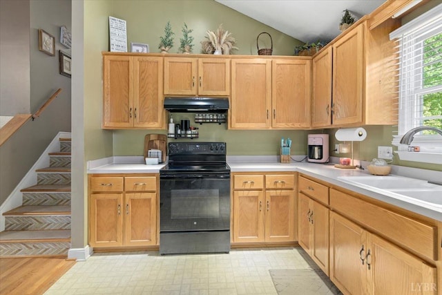 2098 Sunburst Rd, Evington, VA 24550 - kitchen with black electric range oven, under cabinet range hood, a sink, light countertops, and lofted ceiling