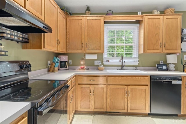2098 Sunburst Rd, Evington, VA 24550 - kitchen with black appliances, under cabinet range hood, a sink, and light countertops