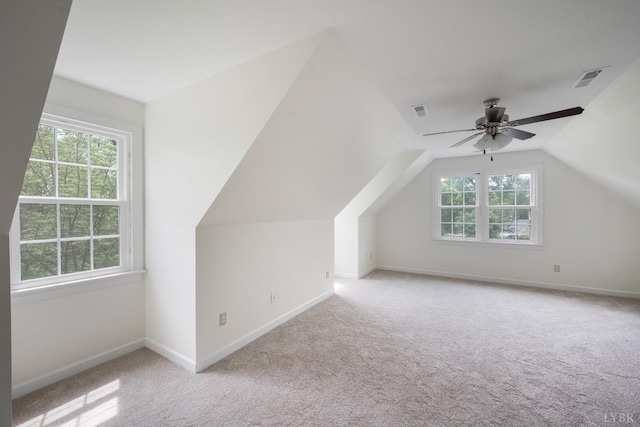 302 Spring Lake Rd, Forest, VA 24551 - bonus room with visible vents, a ceiling fan, lofted ceiling, baseboards, and carpet flooring
