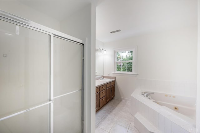302 Spring Lake Rd, Forest, VA 24551 - bathroom with a sink, tile patterned flooring, double vanity, a jetted tub, and a shower stall