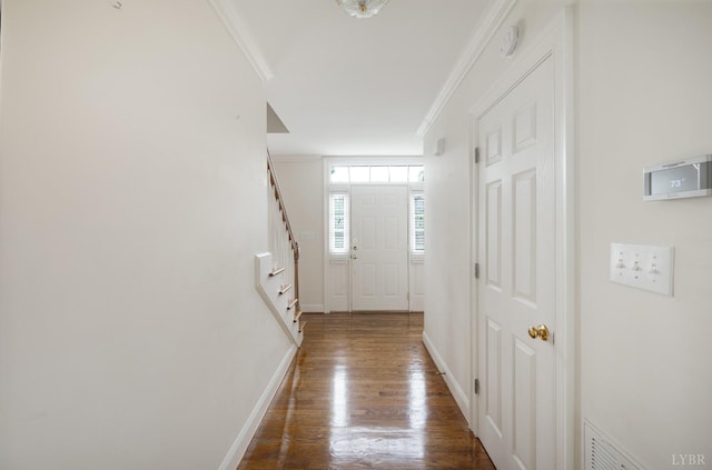 528 Lady Slipper Ln, Lynchburg, VA 24502 - doorway featuring crown molding, dark wood finished floors, and stairway