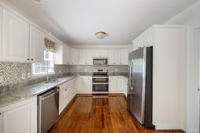 528 Lady Slipper Ln, Lynchburg, VA 24502 - kitchen featuring appliances with stainless steel finishes, dark wood-type flooring, tasteful backsplash, white cabinets, and recessed lighting