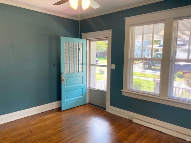306 Oakridge Blvd, Lynchburg, VA 24502 - doorway to outside featuring ceiling fan, crown molding, wood finished floors, baseboards, and a baseboard radiator