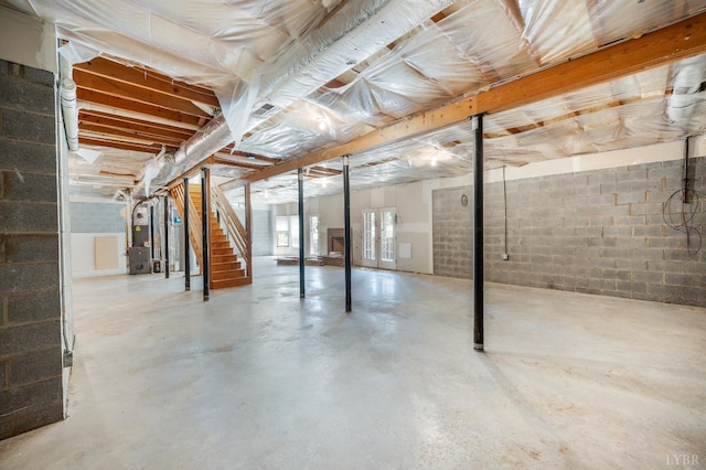 1348 Lake Shore Dr, Forest, VA 24551 - below grade area featuring stairs, concrete block wall, and heating unit