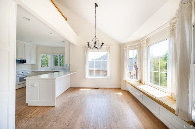 1348 Lake Shore Dr, Forest, VA 24551 - kitchen featuring white range with electric cooktop, stainless steel microwave, light wood-style floors, light countertops, and vaulted ceiling