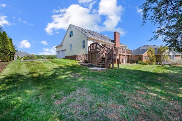 1348 Lake Shore Dr, Forest, VA 24551 - back of house with stairway, a wooden deck, a yard, and a chimney
