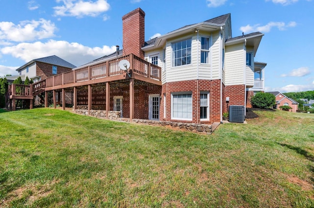 1348 Lake Shore Dr, Forest, VA 24551 - back of house with cooling unit, brick siding, a wooden deck, and a yard