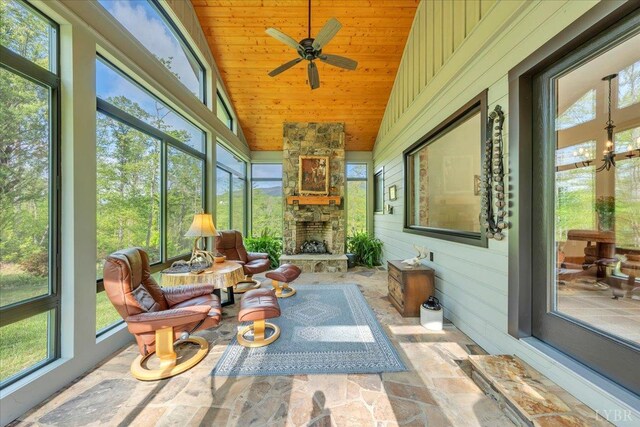 122 Gravelly Ridge Rd, Troutville, VA 24175 - sunroom with wooden ceiling, wood walls, high vaulted ceiling, and a healthy amount of sunlight