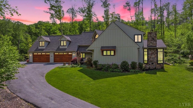 122 Gravelly Ridge Rd, Troutville, VA 24175 - modern inspired farmhouse featuring a lawn, board and batten siding, a chimney, driveway, and an attached garage