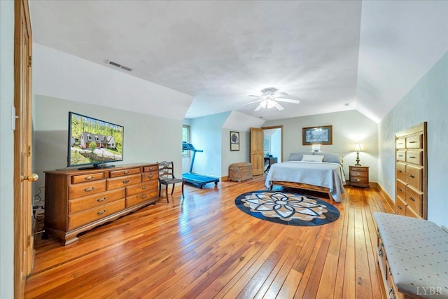 122 Gravelly Ridge Rd, Troutville, VA 24175 - bedroom featuring a ceiling fan, baseboards, visible vents, vaulted ceiling, and light wood-type flooring