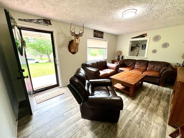 living area featuring light wood finished floors and a textured ceiling