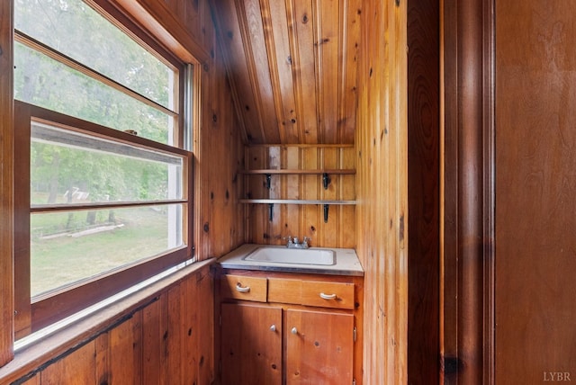 600 9th St, Altavista, VA 24517 - bar area featuring a sink, wood walls, wooden ceiling, and lofted ceiling