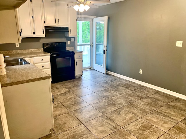 1349 Murray Hollow Rd, Thaxton, VA 24174 - kitchen with electric range, a sink, under cabinet range hood, white cabinetry, and a ceiling fan