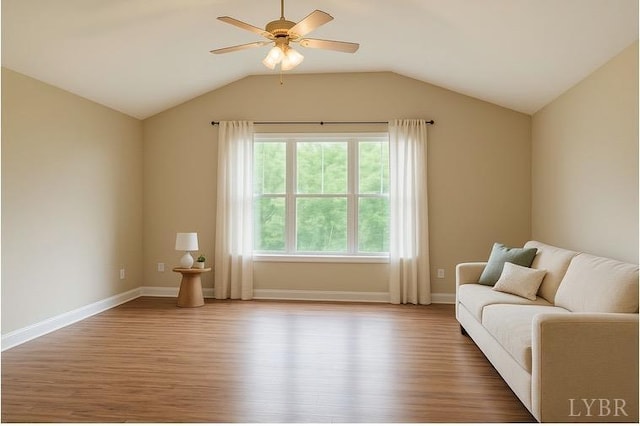 1349 Murray Hollow Rd, Thaxton, VA 24174 - living room featuring wood finished floors, ceiling fan, baseboards, and lofted ceiling