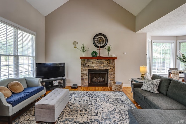 22 Semmes Ct, Rustburg, VA 24588 - living room with high vaulted ceiling, wood finished floors, and a fireplace