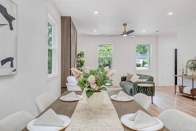dining area with wood finished floors, recessed lighting, and ceiling fan