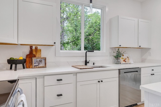 kitchen with stainless steel dishwasher, a sink, and white cabinets