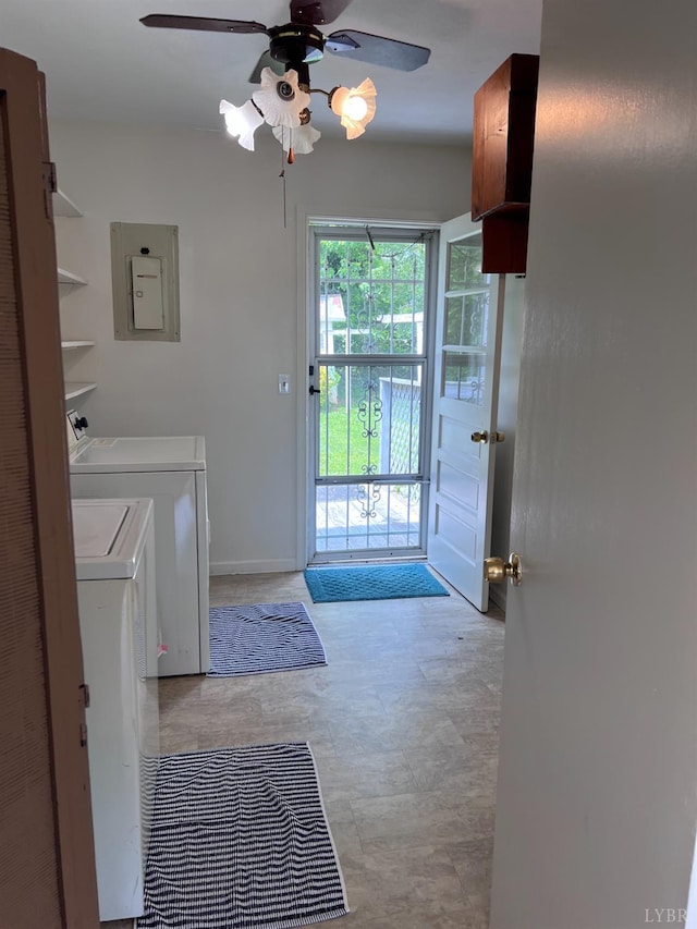202 Dalton St, Gretna, VA 24557 - washroom featuring washing machine and dryer, electric panel, ceiling fan, and baseboards