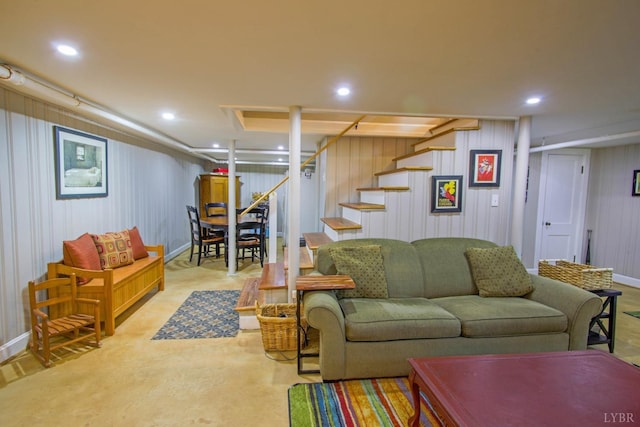 3845 Peakland Pl, Lynchburg, VA 24503 - living room with stairs, concrete flooring, and recessed lighting