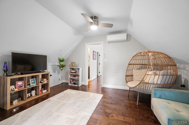 1228 Mill Dam Ln, Forest, VA 24551 - bedroom featuring a wall mounted air conditioner, vaulted ceiling, wood finished floors, and baseboards