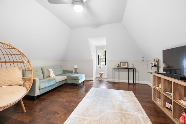 1228 Mill Dam Ln, Forest, VA 24551 - living room with vaulted ceiling, wood finished floors, a ceiling fan, and baseboards