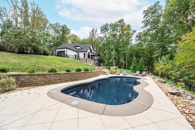 1228 Mill Dam Ln, Forest, VA 24551 - swimming pool with stairway, a yard, and a patio area