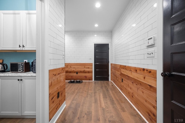 1228 Mill Dam Ln, Forest, VA 24551 - hall featuring wood walls, wood finished floors, and recessed lighting