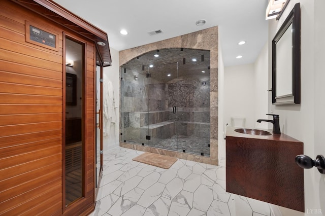 1228 Mill Dam Ln, Forest, VA 24551 - full bath with a stall shower, marble look tile flooring, vanity, a relaxing sauna, and recessed lighting
