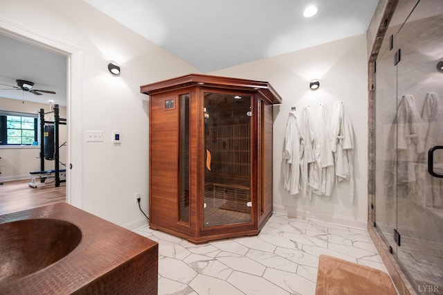 1228 Mill Dam Ln, Forest, VA 24551 - full bath featuring a stall shower, ceiling fan, baseboards, and vanity