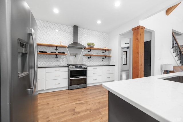 1228 Mill Dam Ln, Forest, VA 24551 - kitchen with stainless steel appliances, wall chimney exhaust hood, modern cabinets, open shelves, and recessed lighting