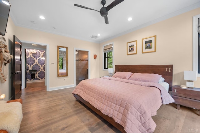 1228 Mill Dam Ln, Forest, VA 24551 - bedroom featuring ornamental molding, wood finished floors, recessed lighting, baseboards, and a ceiling fan