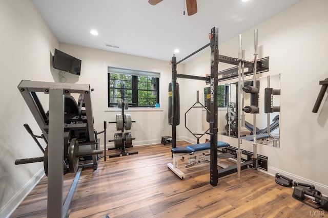 1228 Mill Dam Ln, Forest, VA 24551 - exercise area with baseboards, wood finished floors, recessed lighting, and a ceiling fan