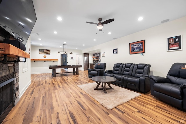 1228 Mill Dam Ln, Forest, VA 24551 - living area with billiards table, light wood-style floors, ceiling fan, a stone fireplace, and recessed lighting