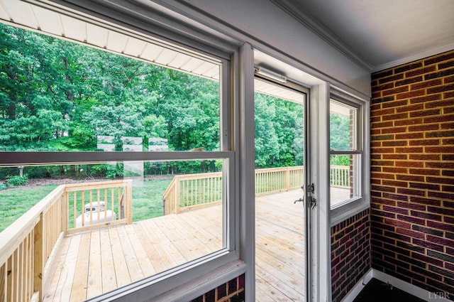 7230 Wards Rd, Rustburg, VA 24588 - doorway to outside featuring brick wall and ornamental molding