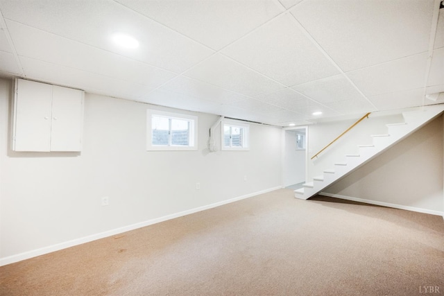7230 Wards Rd, Rustburg, VA 24588 - below grade area with a drop ceiling, carpet floors, baseboards, stairway, and recessed lighting