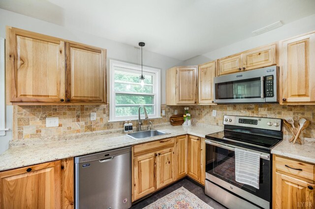 7230 Wards Rd, Rustburg, VA 24588 - kitchen featuring appliances with stainless steel finishes, a sink, and light brown cabinetry