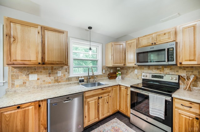 7230 Wards Rd, Rustburg, VA 24588 - kitchen featuring stainless steel appliances, a sink, and light brown cabinets