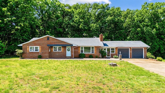 7230 Wards Rd, Rustburg, VA 24588 - ranch-style house featuring an attached garage, driveway, a front lawn, a chimney, and brick siding