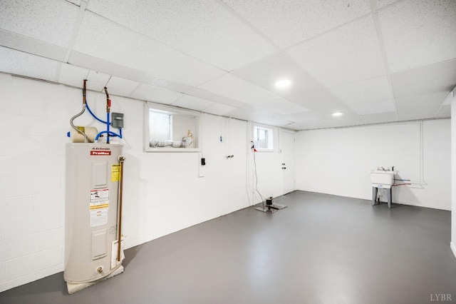 7230 Wards Rd, Rustburg, VA 24588 - below grade area featuring electric water heater, a drop ceiling, and recessed lighting