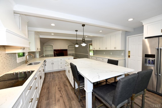 2130 Burnt Bridge Rd, Lynchburg, VA 24503 - kitchen featuring stainless steel fridge, a sink, custom exhaust hood, black electric cooktop, and beamed ceiling