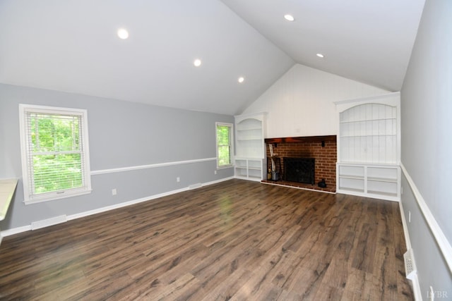 2130 Burnt Bridge Rd, Lynchburg, VA 24503 - unfurnished living room with dark wood-style flooring, lofted ceiling, a fireplace, recessed lighting, and baseboards