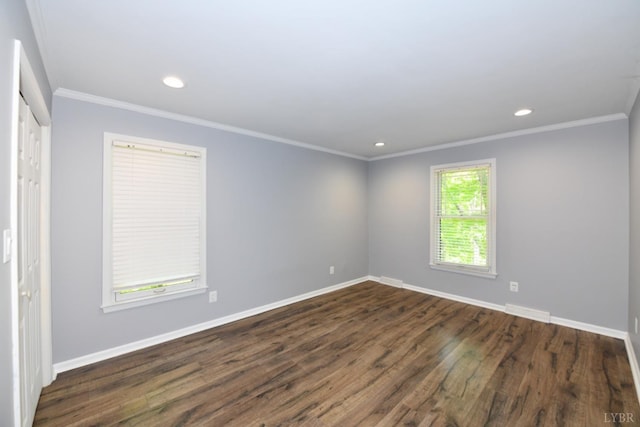 2130 Burnt Bridge Rd, Lynchburg, VA 24503 - unfurnished room with dark wood-type flooring, baseboards, recessed lighting, and crown molding